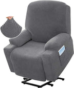 Recliner Slipcover High Stretch Soft Jacquard Fabric with Side Pocket for Standard Power Lift Recliner Chair Gray, Letter D Option