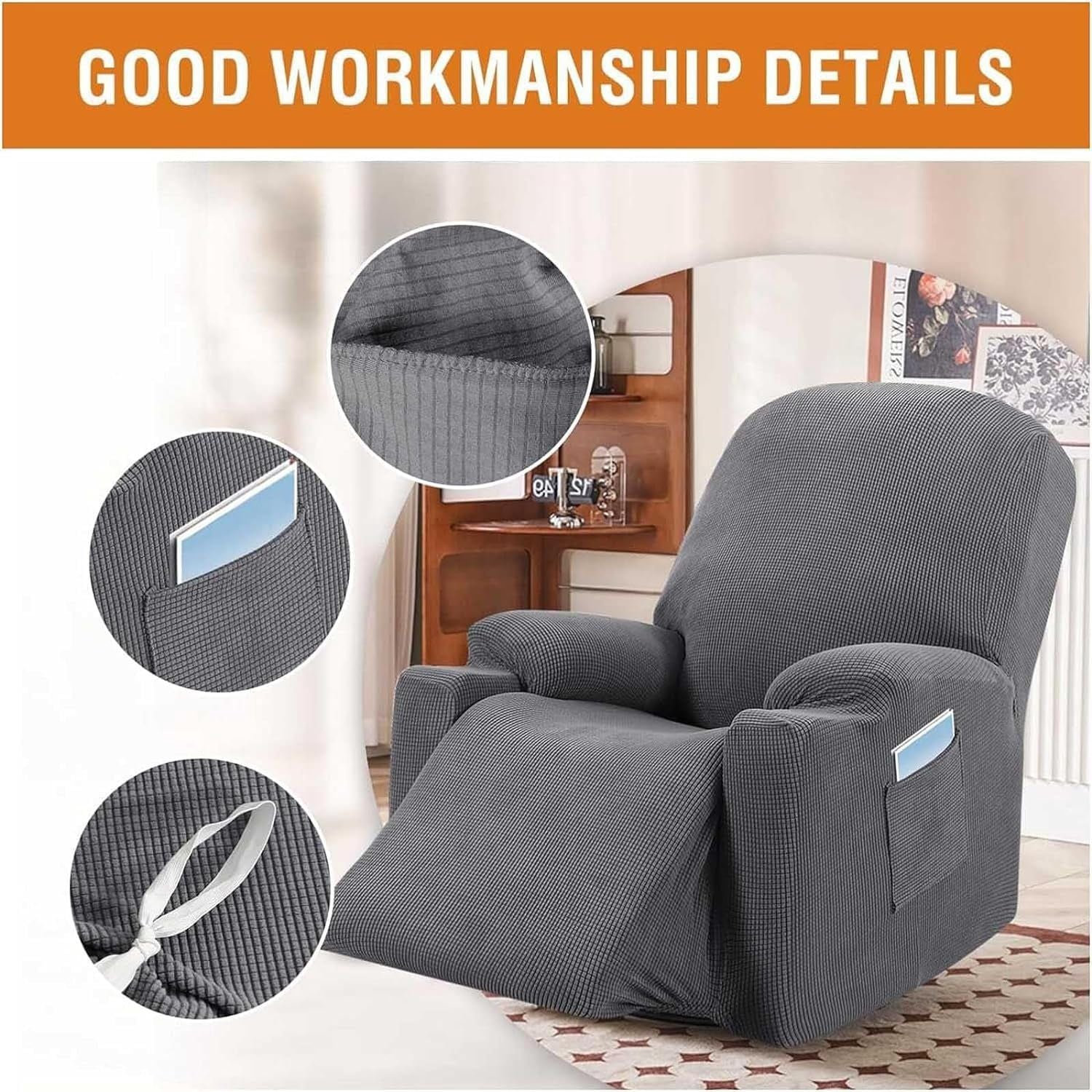Recliner Slipcover High Stretch Soft Jacquard Fabric with Side Pocket for Standard Power Lift Recliner Chair Gray, Letter D Option