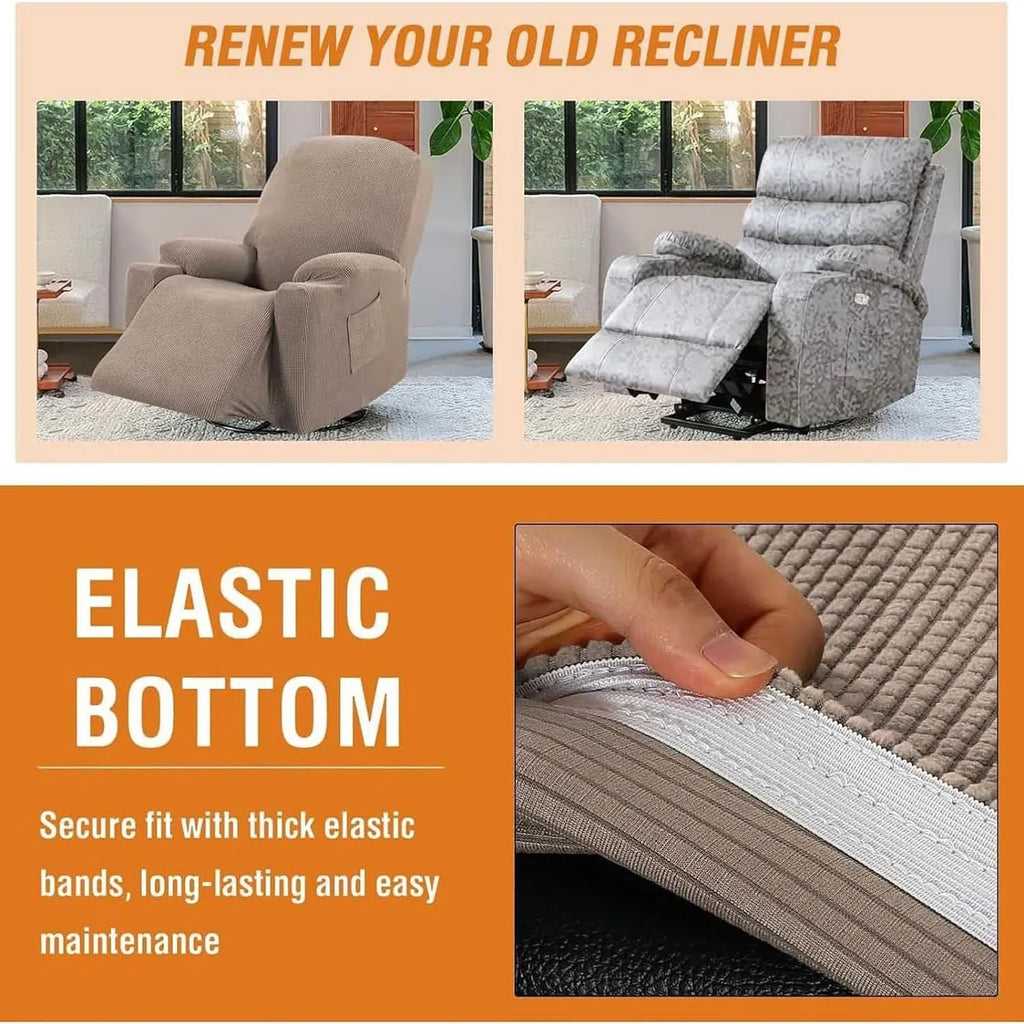 Recliner Slipcover High Stretch Soft Jacquard Fabric with Side Pocket for Standard Power Lift Recliner Beige, Letter E Option