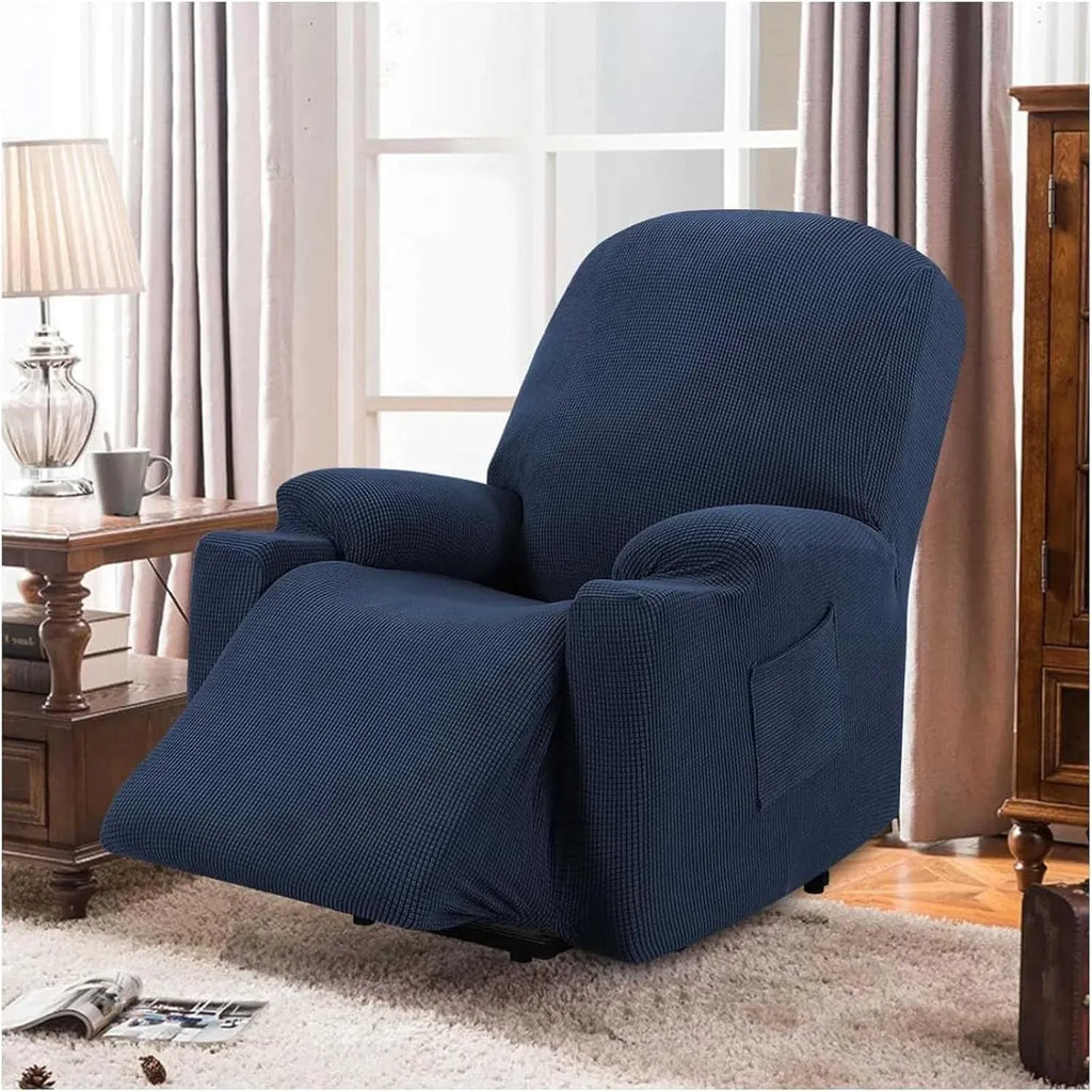 Recliner Slipcover with Side Pocket, High Stretch Soft Jacquard Fitted Cover for Standard Power Lift Recliner, Navy Blue, Letter F Option