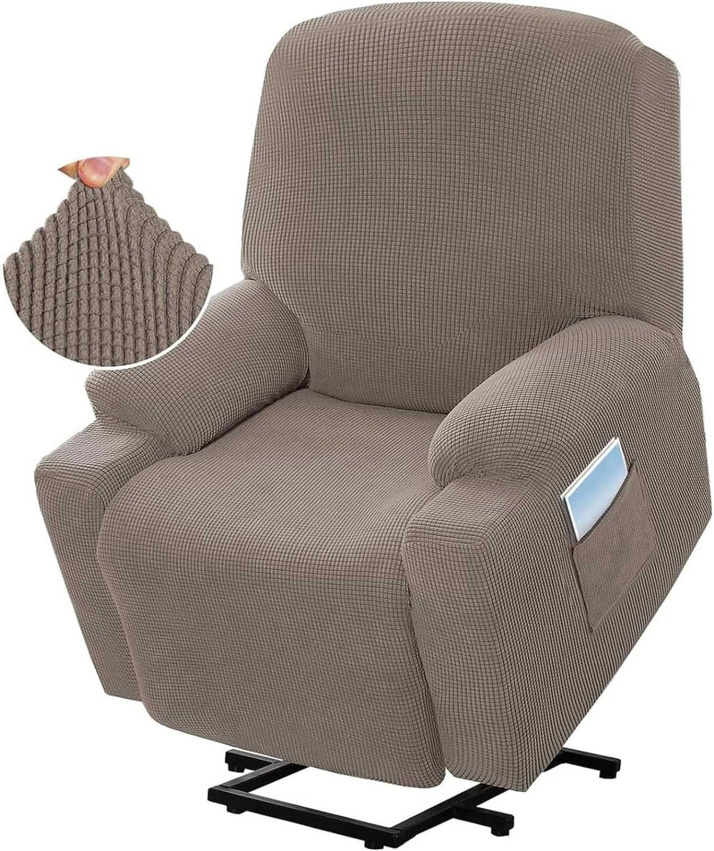 Recliner Slipcover High Stretch Jacquard Fabric with Side Pocket for Standard Power Lift Recliner Chair Brown, Letter G Option