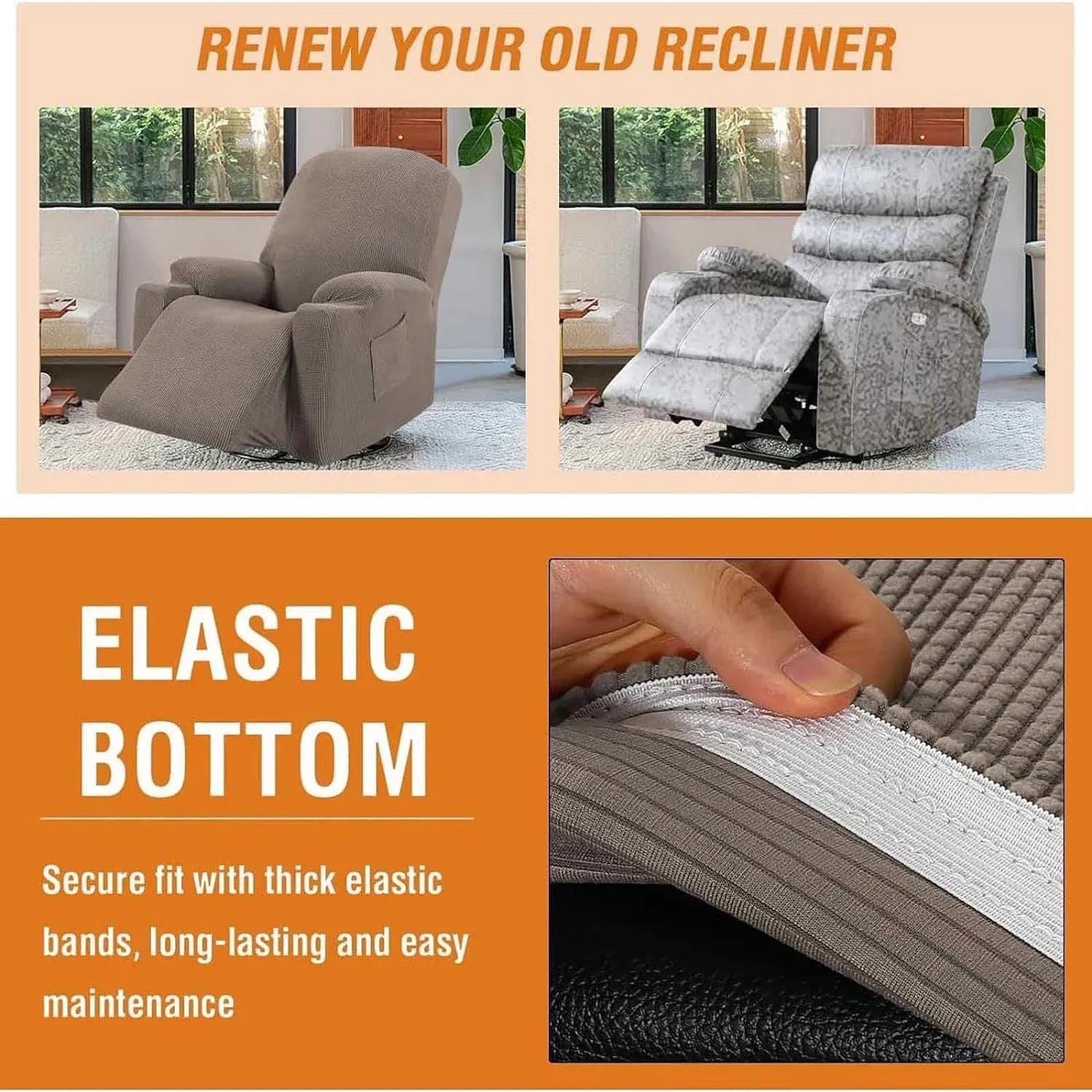 Recliner Slipcover High Stretch Jacquard Fabric with Side Pocket for Standard Power Lift Recliner Chair Brown, Letter G Option