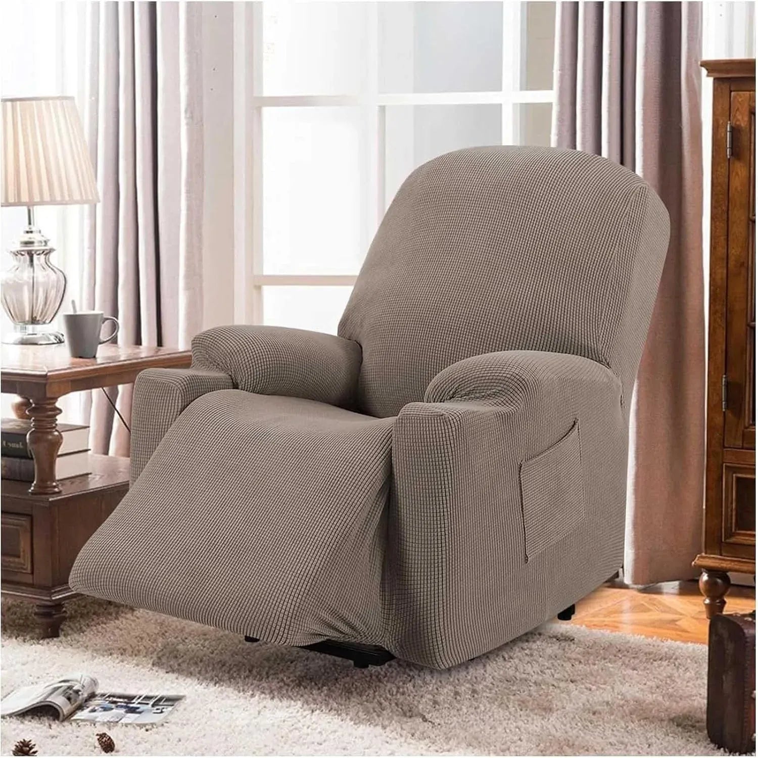Recliner Slipcover High Stretch Jacquard Fabric with Side Pocket for Standard Power Lift Recliner Chair Brown, Letter G Option