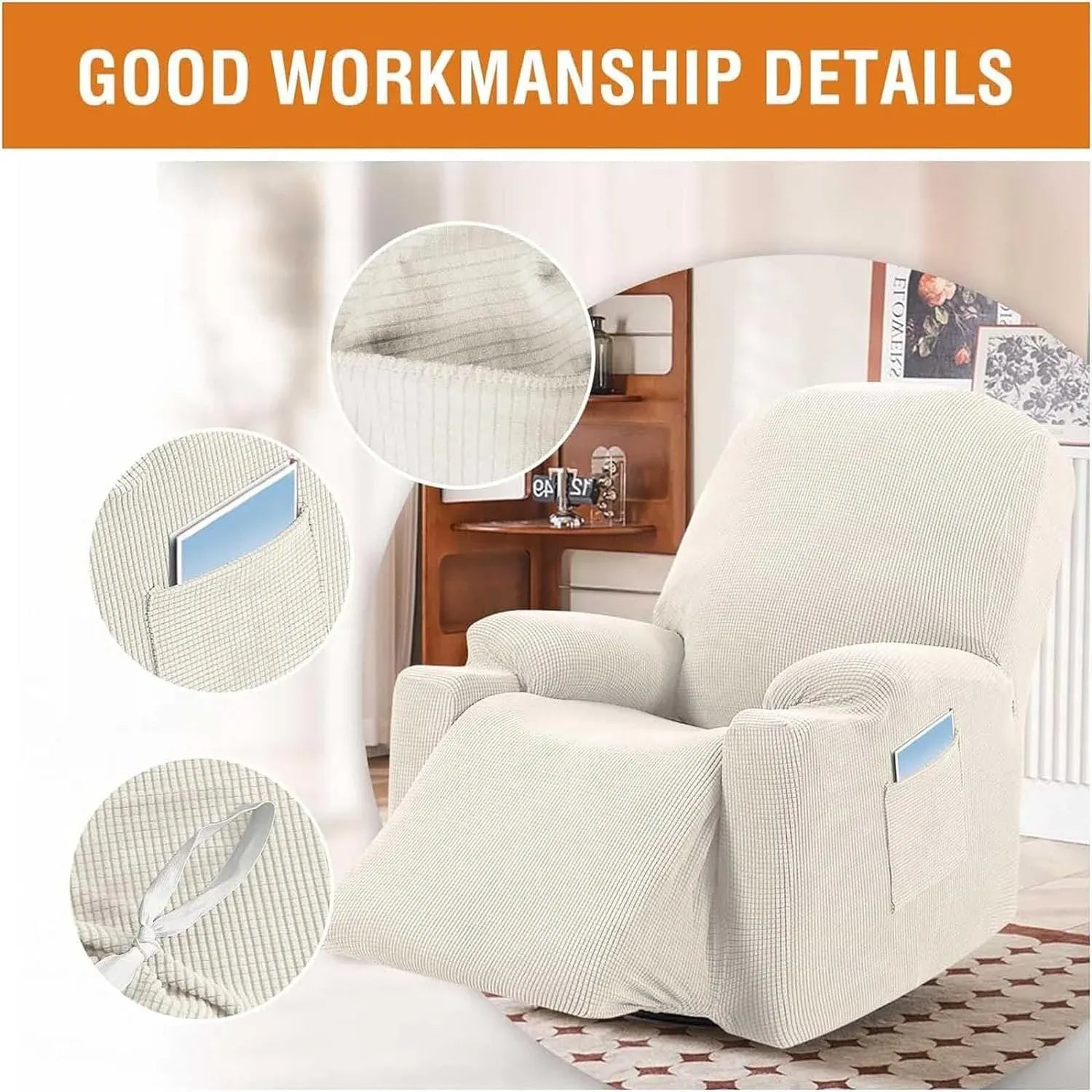 Power Lift Recliner Chair Cover High Stretch Soft Jacquard Slipcover with Side Pocket for Standard Recliners Cream, Letter H Option