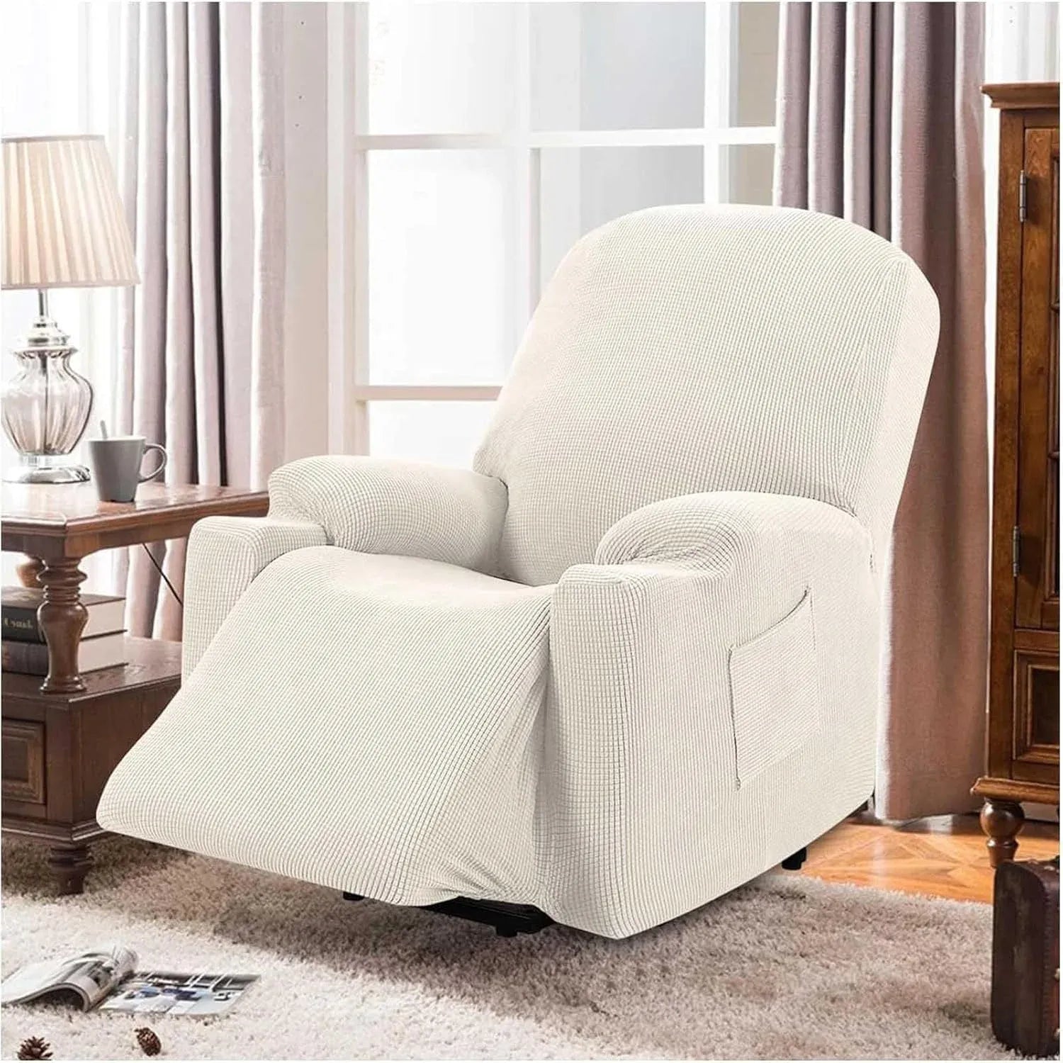 Power Lift Recliner Chair Cover High Stretch Soft Jacquard Slipcover with Side Pocket for Standard Recliners Cream, Letter H Option