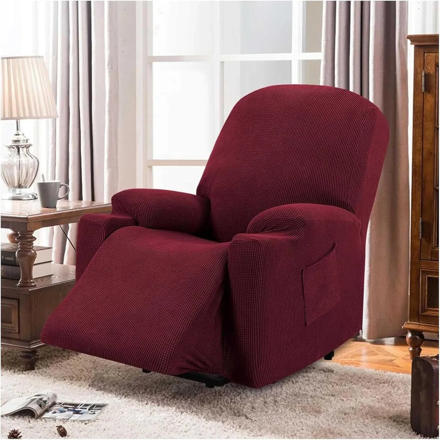 Recliner Slipcover High Stretch Soft Jacquard Fabric with Side Pocket for Standard Power Lift Recliner Burgundy, Letter B Option
