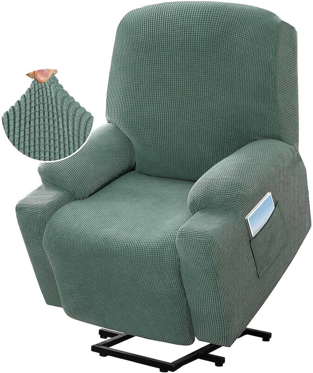 Recliner Slipcover High Stretch Soft Jacquard Fabric with Side Pocket for Standard Power Lift Recliner Green, Letter C Option