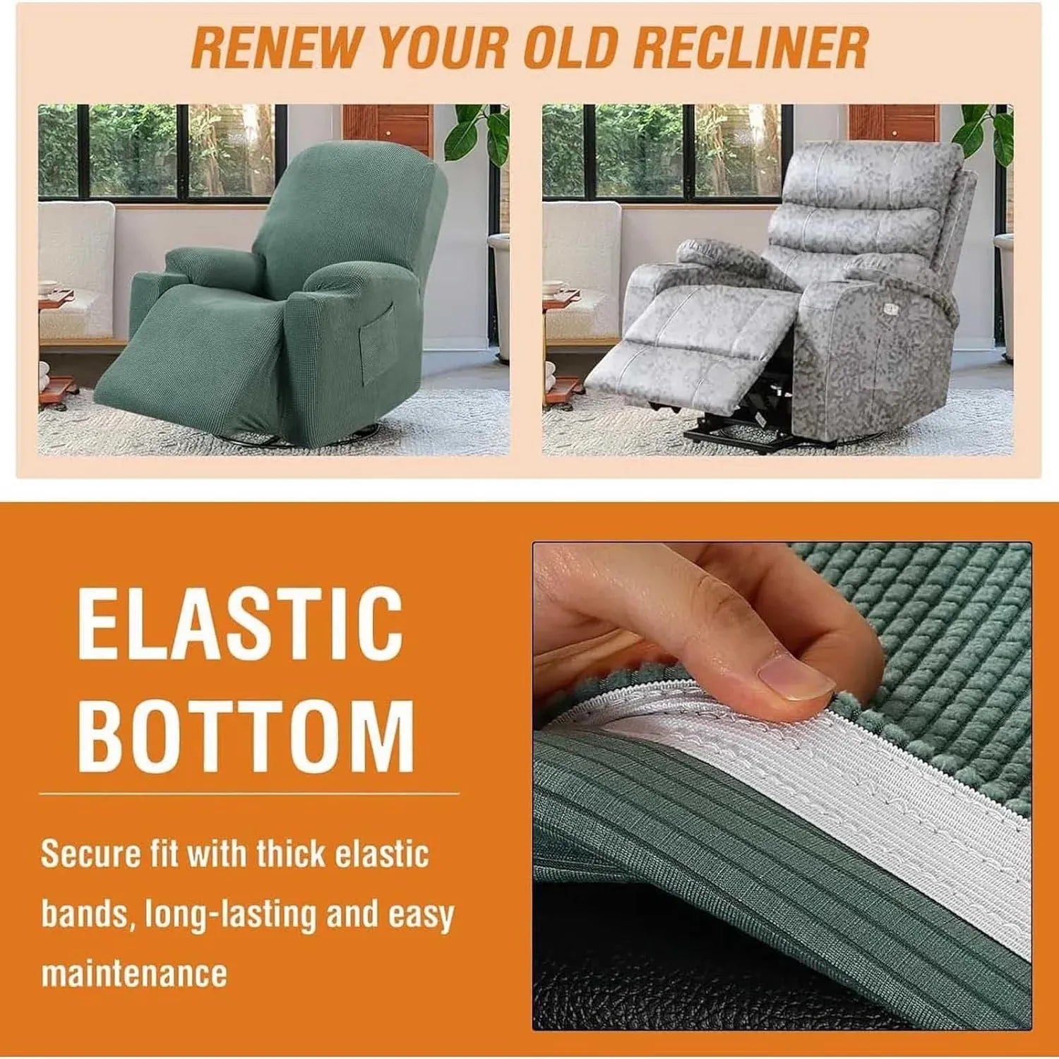 Recliner Slipcover High Stretch Soft Jacquard Fabric with Side Pocket for Standard Power Lift Recliner Green, Letter C Option