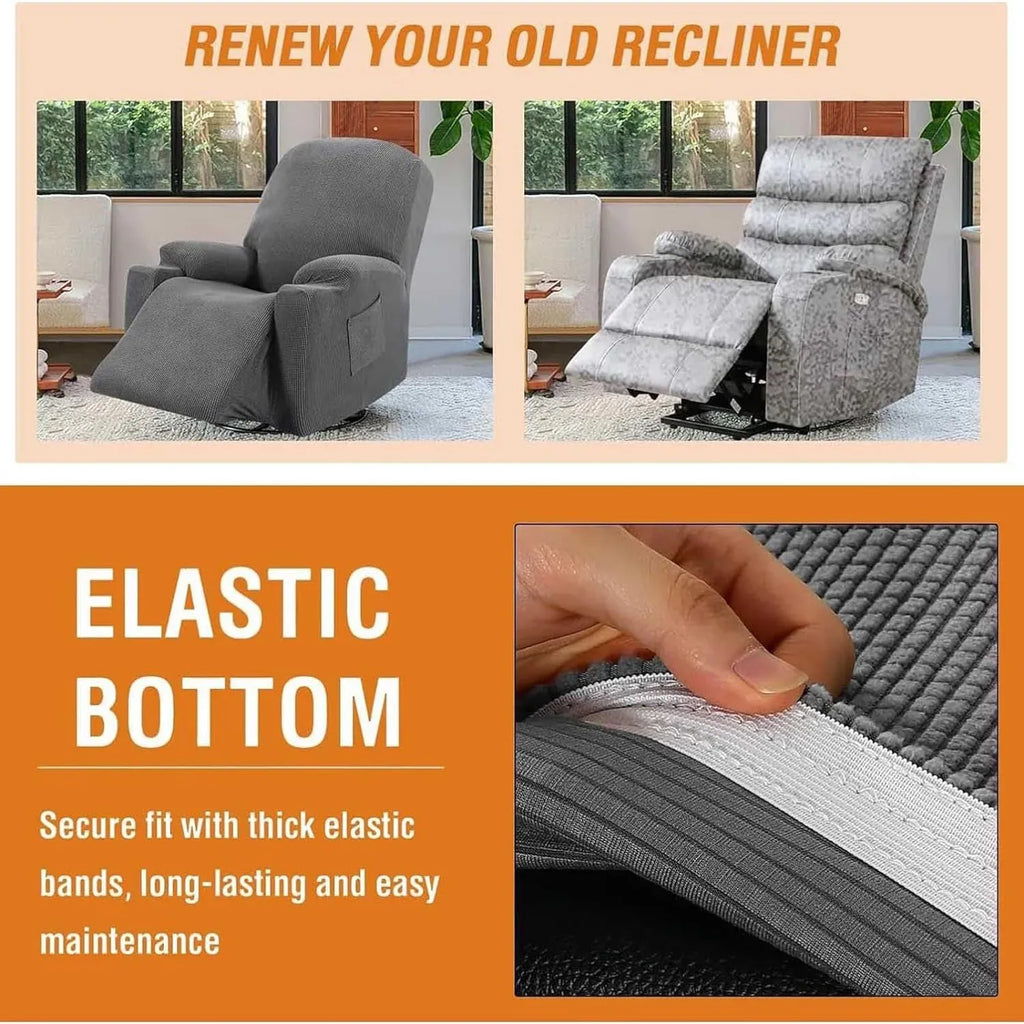 Recliner Slipcover with Side Pocket, High Stretch Soft Jacquard Fitted Cover for Standard Power Lift Recliner, Gray, Letter D Option