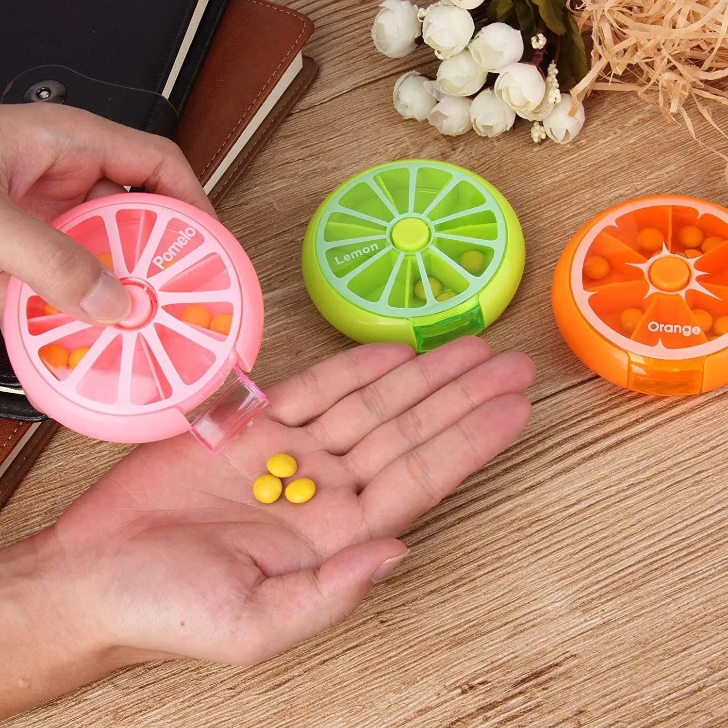 7 Day Weekly Pill Organizer Box, Portable Mini Rotary 3 Compartment Circular Fruit Style Case for Travel and Daily Use, One pack, color selected at random