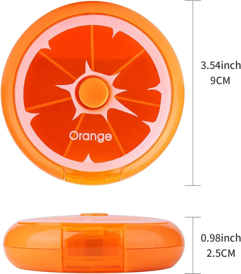 Portable Weekly Pill Organizer Box, 7 Day Rotary Circular Design, 3 Compartment Fruit Style for Travel, Orange