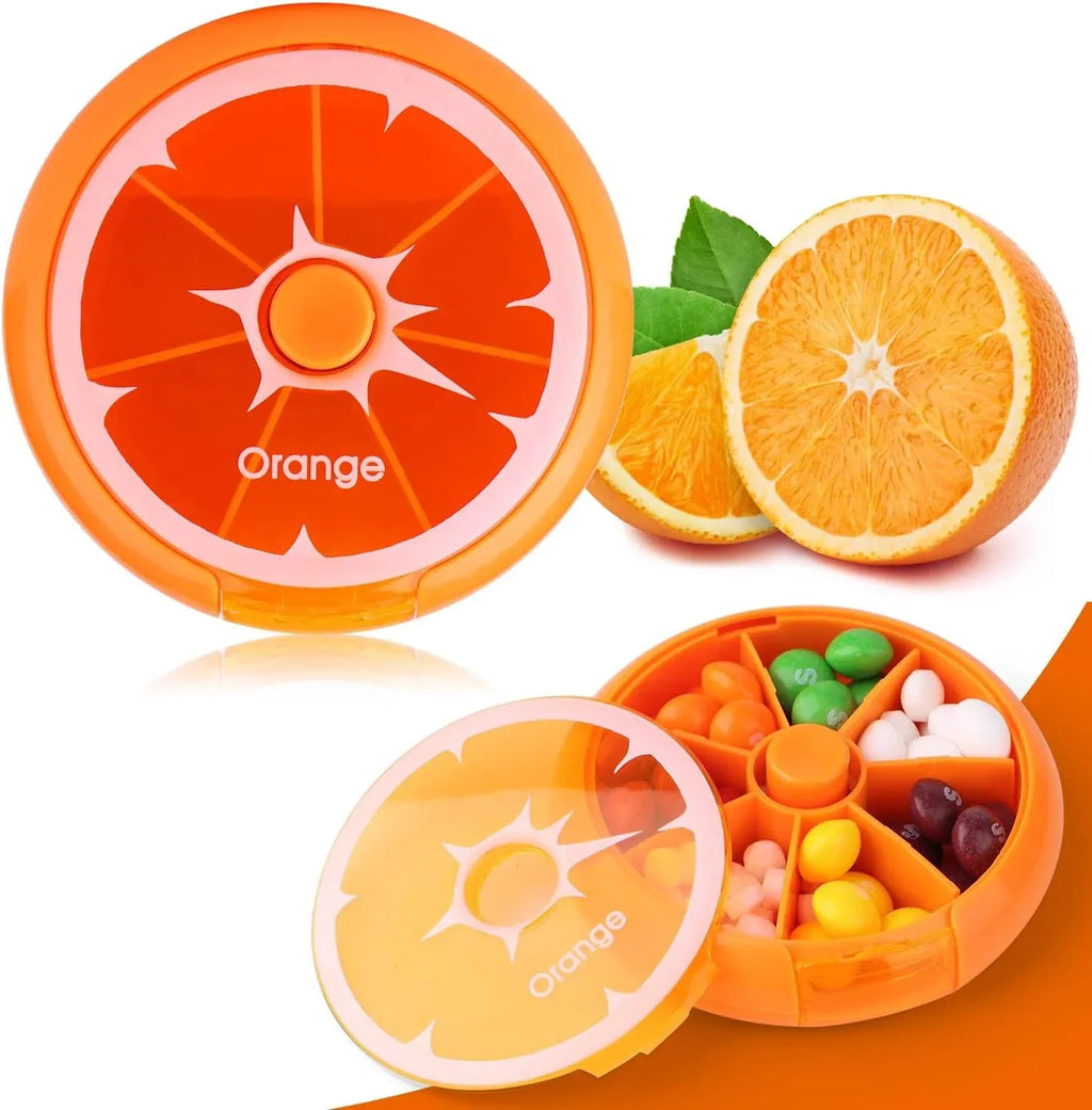 Portable Weekly Pill Organizer Box, 7 Day Rotary Circular Design, 3 Compartment Fruit Style for Travel, Orange