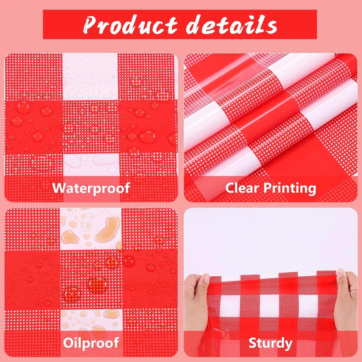 Gingham Plastic Tablecloths, Disposable Waterproof Rectangle Table Covers for Parties and Picnics, Red White, 54 x 108 Inch, 3 Pack