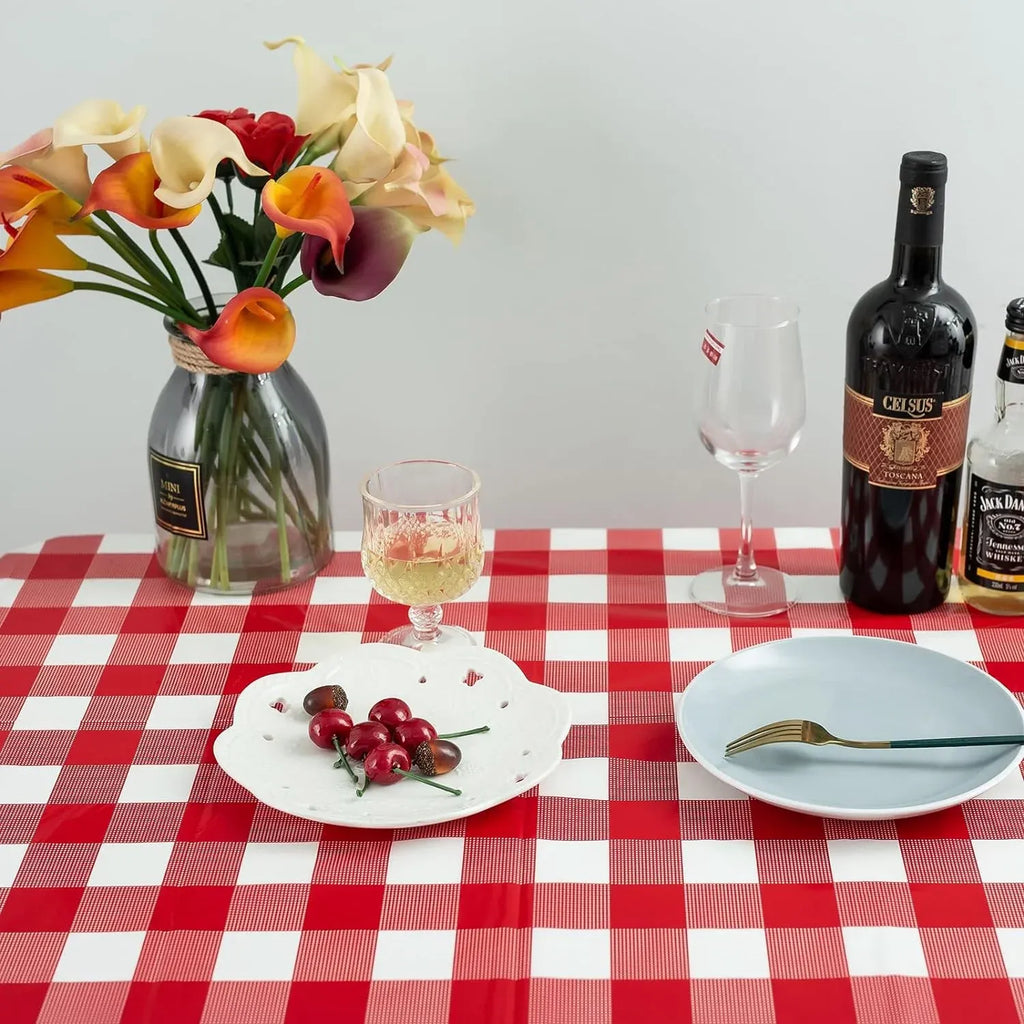 Gingham Plastic Tablecloths, Disposable Waterproof Rectangle Table Covers for Parties and Picnics, Red White, 54 x 108 Inch, 3 Pack