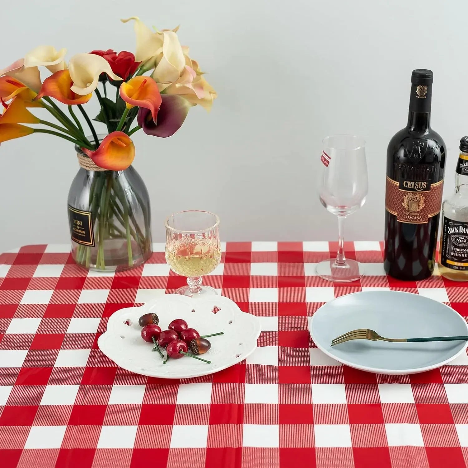 Gingham Plastic Tablecloths, Disposable Waterproof Rectangle Table Covers for Parties and Picnics, Red White, 54 x 108 Inch, 3 Pack