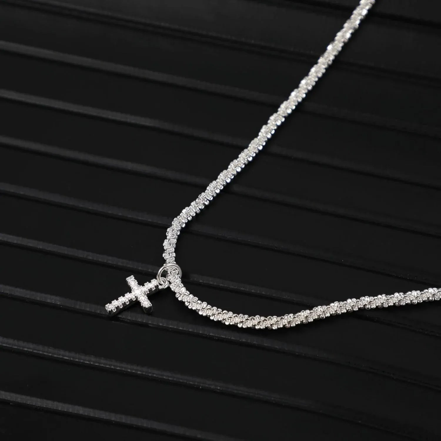 Silver Plated Cubic Zirconia Cross Pendant Choker Necklace with Adjustable Twist Rope Chain for Women, Adjustable Design