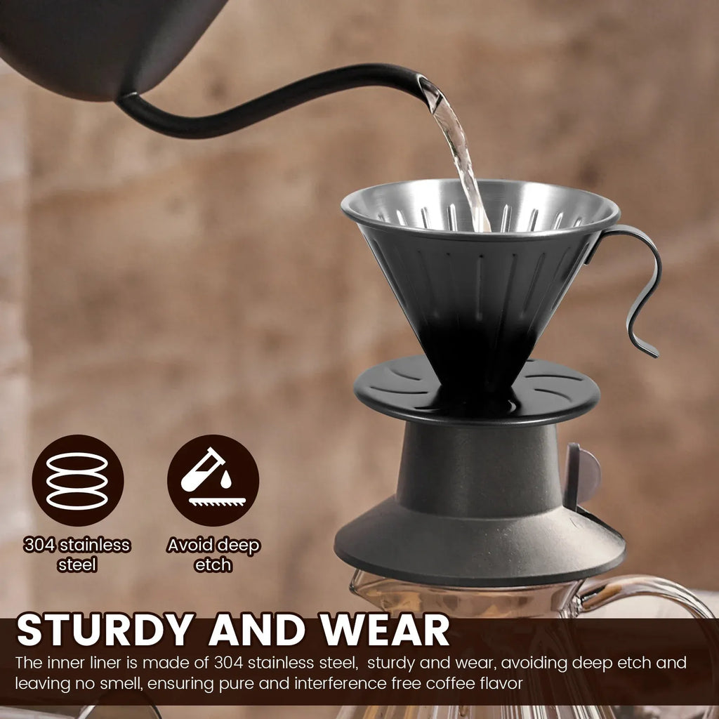 Stainless Steel Pour Over Coffee Dripper Cone Filter with Anti Scald Handle for Hand Brew Coffee, Black, Stainless Steel Construction
