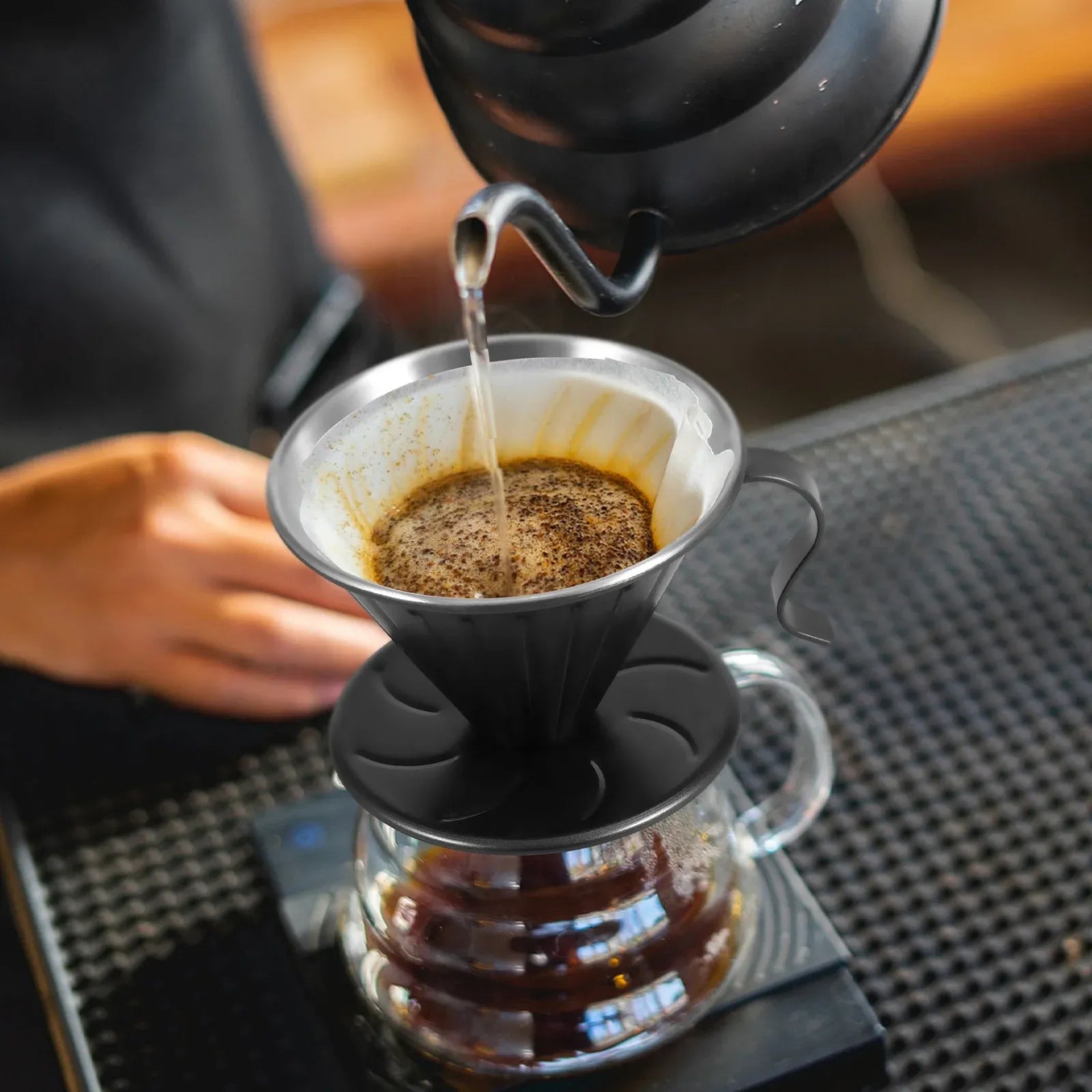 Stainless Steel Pour Over Coffee Dripper Cone Filter with Anti Scald Handle for Hand Brew Coffee, Black, Stainless Steel Construction