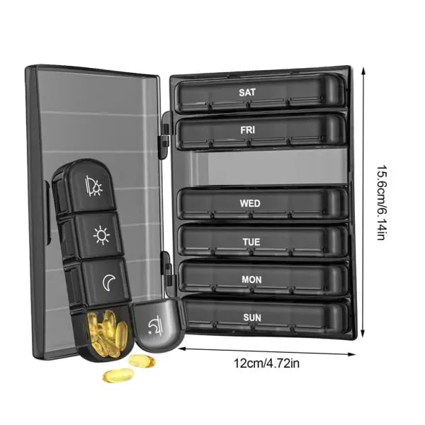 Dosett 7-Day Portable 28-Compartment Daily Pill Box, Large 4 Times a Day Medicine Organizer, Black, PP + ABS Material