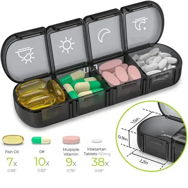 Dosett 7-Day Portable 28-Compartment Daily Pill Box, Large 4 Times a Day Medicine Organizer, Black, PP + ABS Material