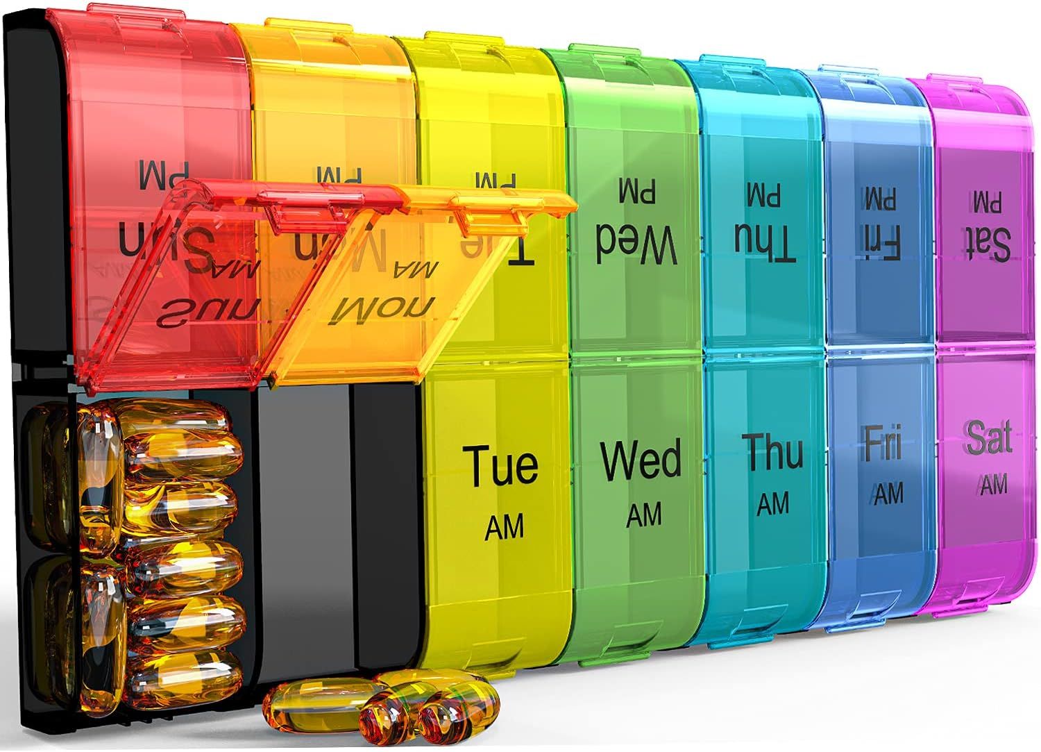 Extra Large 7-Day Pill Organizer 2 Times a Day, Weekly XL AM PM Pill Box with Large Compartments, Rainbow, 14 Compartments