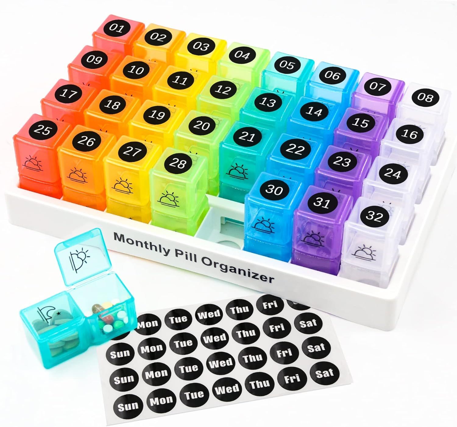 Monthly Pill Case with 32 Removable Compartments and Marking Labels, Twice a Day 30-Day Pill Organizer, Transparent, ABS Material