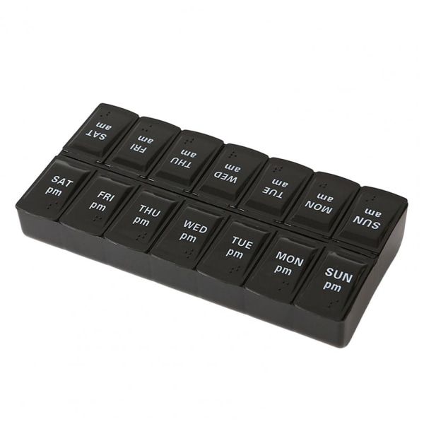 Spacious Practical Dosett Medical Tablet Bag, 14-Compartment Morning Evening Weekly Pill Organizer, Black and White, Plastic Material