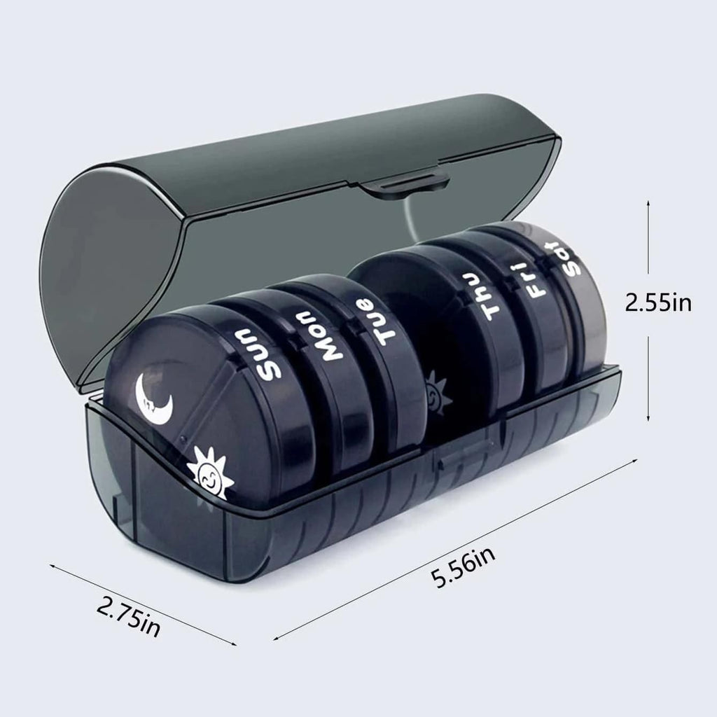 7-Day Morning Evening Doser, Weekly BPA-Free Pill Organizer with Separate Daily Containers, Black, ABS Material, Secure Snap Lid