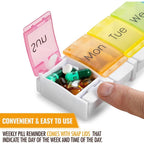 Weekly Pill Organizer Travel Medicine Box with Push Button and Large Compartments for Tablets Vitamins Supplements, BPA-Free, Transparent