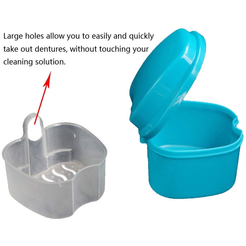 Denture Bath Case Cup Box Holder Storage Container with Denture Cleaner Brush Strainer Basket for Travel Cleaning Blue