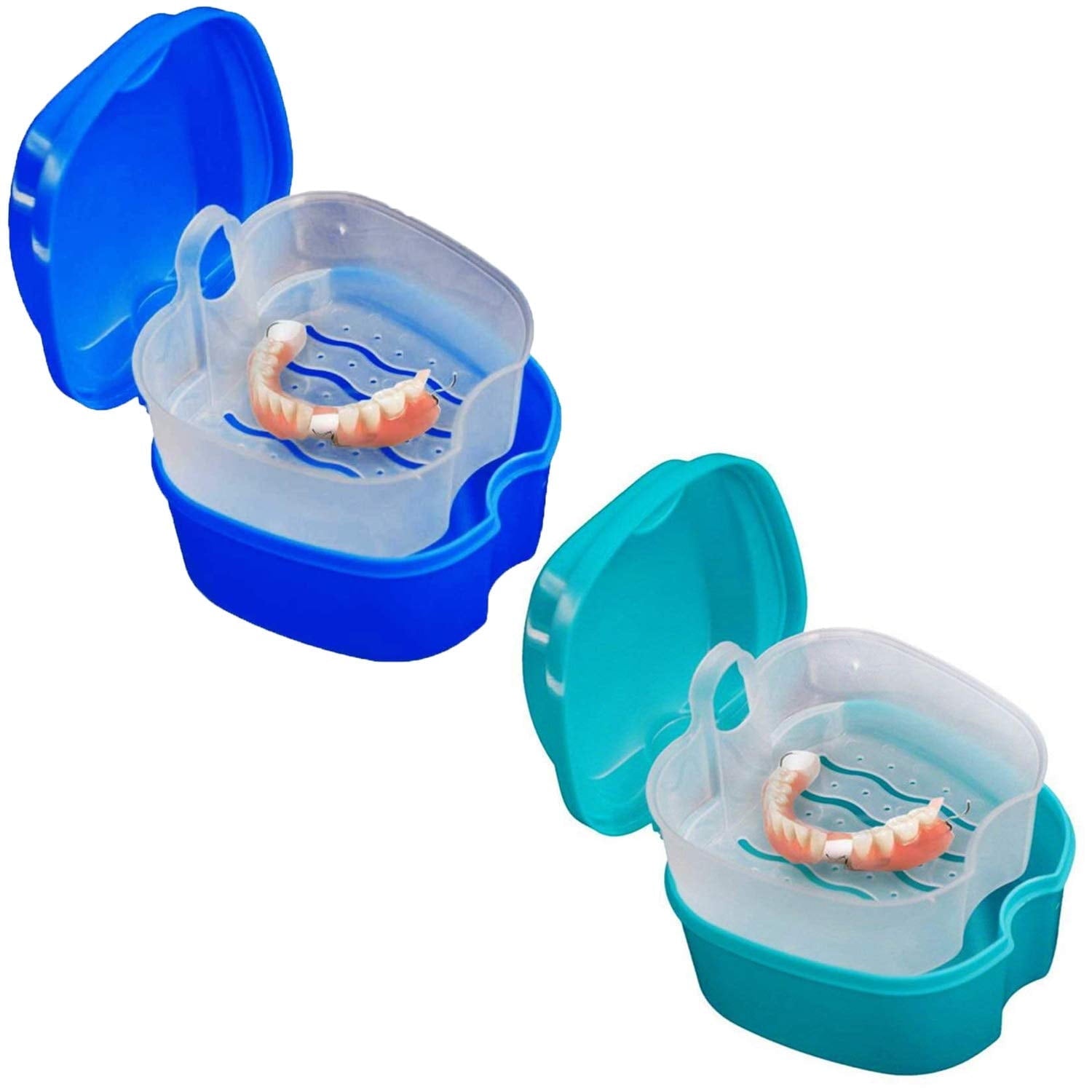 Denture Bath Case Cup Box Holder Storage Container with Denture Cleaner Brush Strainer Basket for Travel Cleaning White