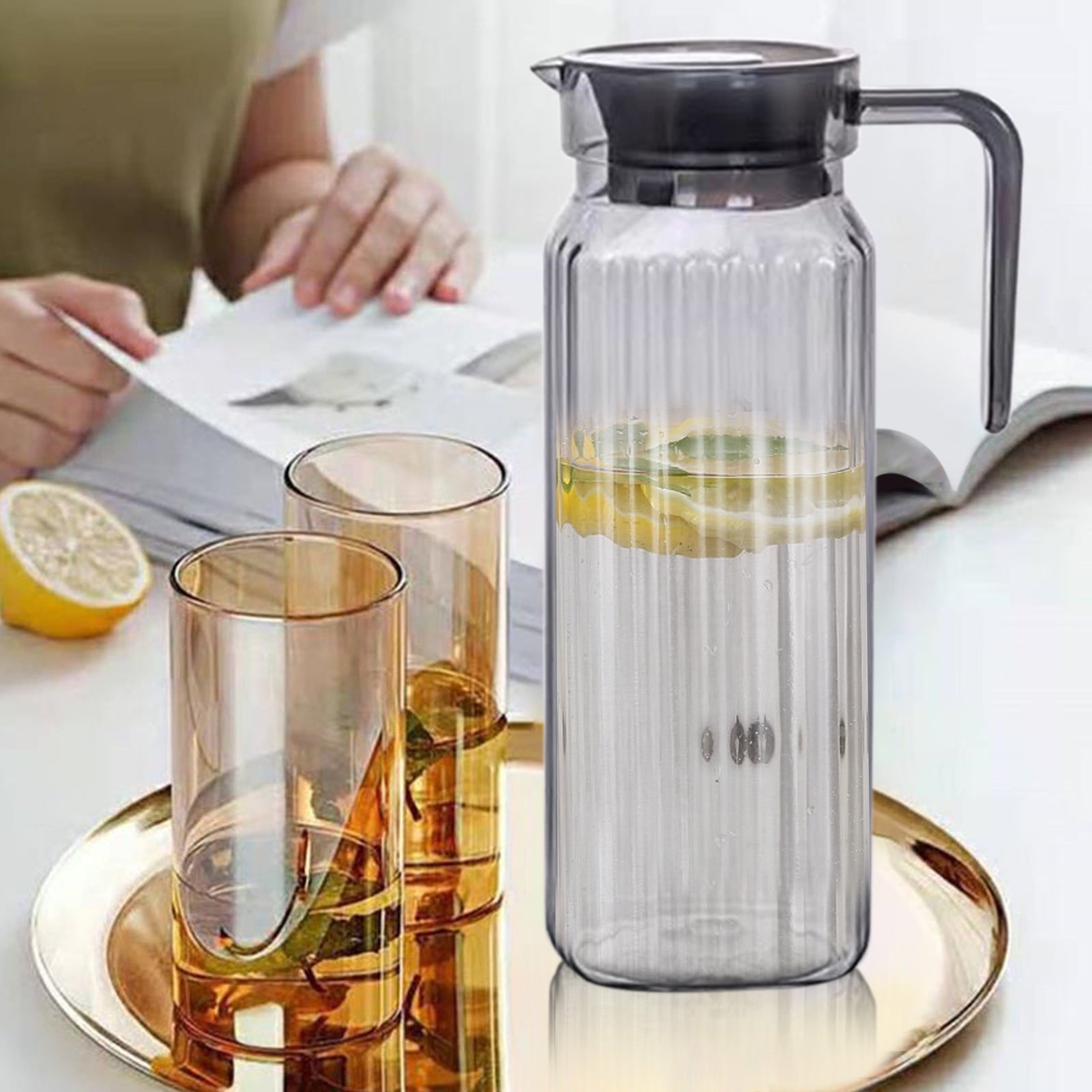 Water Pitcher with Lid, 2 L Plastic Pitcher for Tea & Juice Water, Hot/Cold Water Jug, Tea Pitcher, Juice Pitcher, 13.5 x 7.2 x 4.7 Inch Z-3-Gray