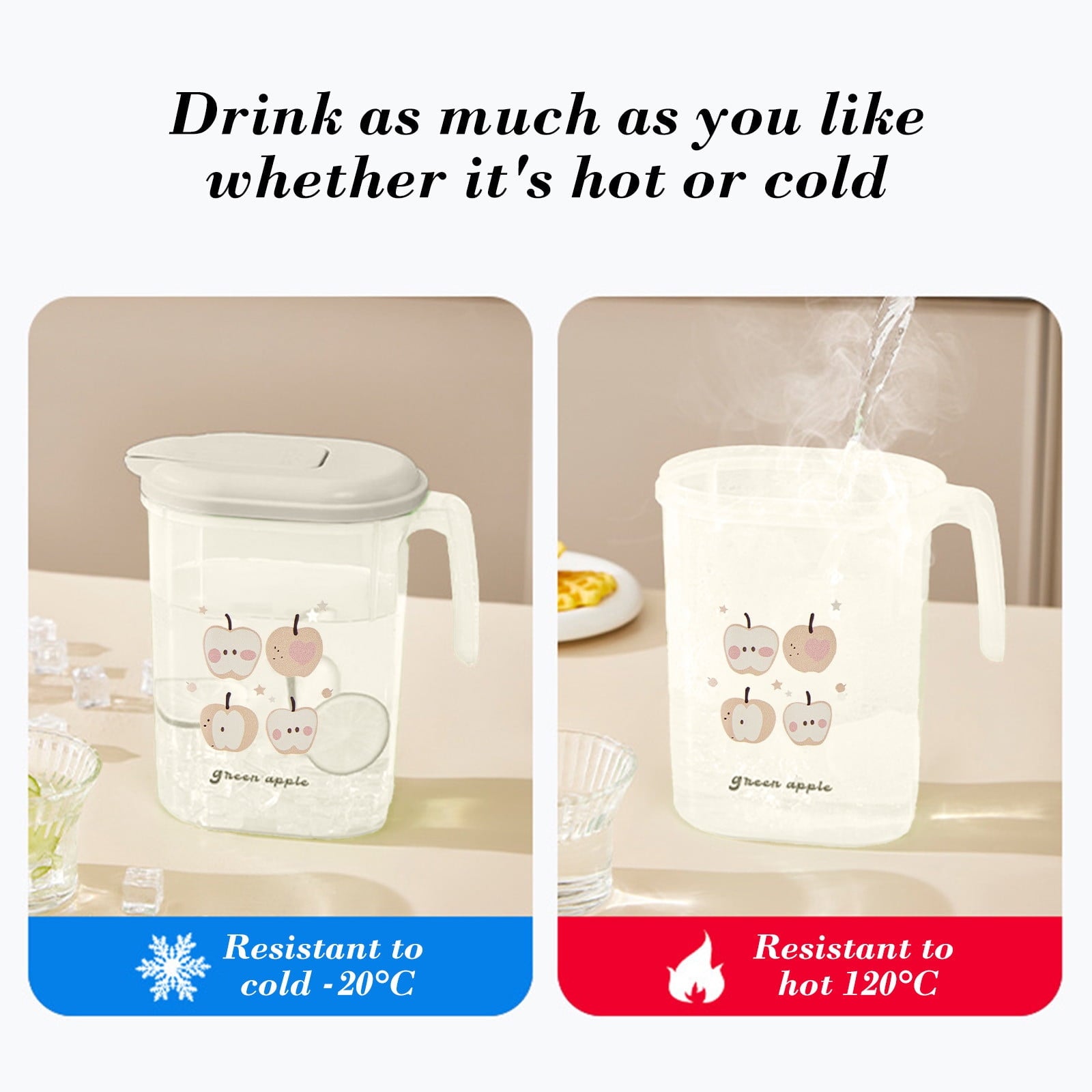 Water Pitcher with Lid, 2 L Plastic Pitcher for Tea & Juice Water, Hot/Cold Water Jug, Tea Pitcher, Juice Pitcher, 13.5 x 7.2 x 4.7 Inch Z-9-Beige