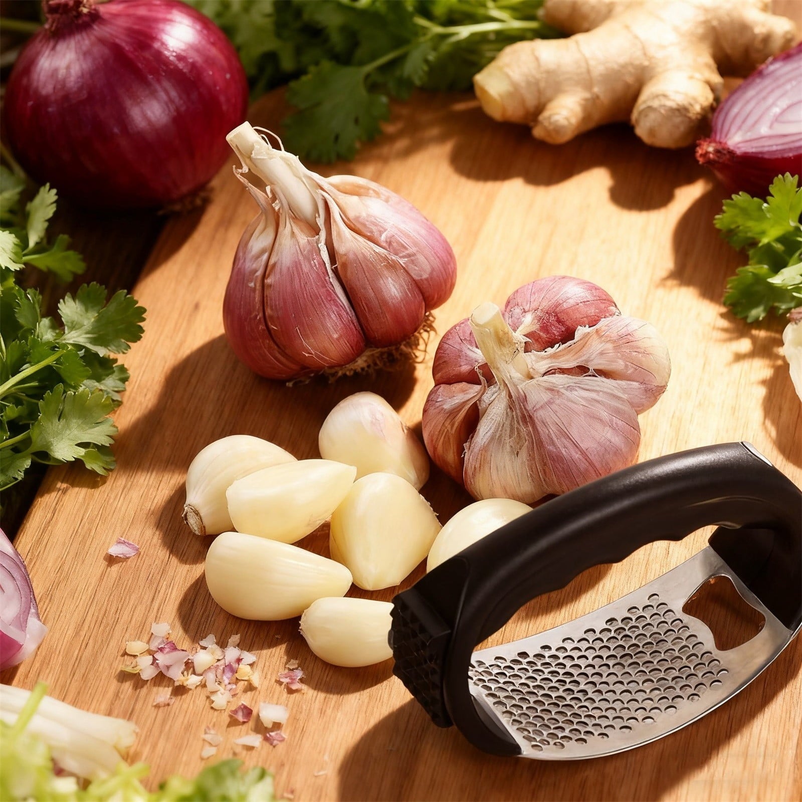 Stainless Steel Garlic Press Rocker, Garlic Mincer With Studs, Heavy Duty Garlic Chopper, Effective Garlic Peeler, Easy to Clean Kitchen Gadget for Minced Garlic, Dishwasher Safe 【Best Seller】D