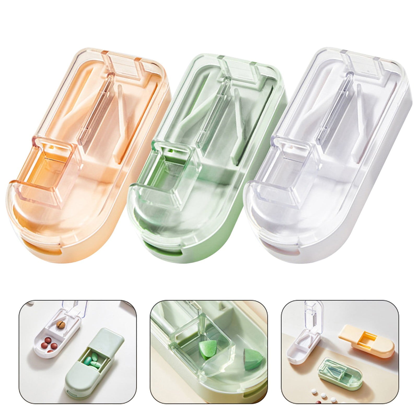 3-in-1 Pill Crusher and Pill Cutter with Storage Compartment for Tablets, Pill Grinder Fine Powder, Pill Cutter Splitter for Small or Large Pills, 1.57x2.36 3.23" x 1.46" x 0.98" Beige