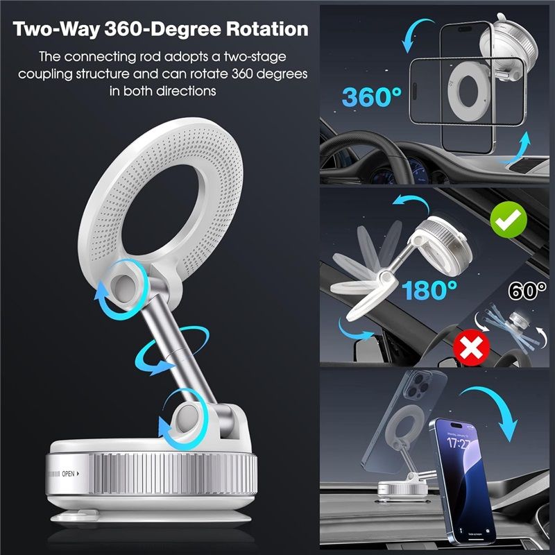 Vacuum Magnetic Suction Phone Holder, Foldable and Retractable Hands-Free Suction Cup Phone Mount for Car/Gym/Mirror/Smooth Surface, Compatible with iPhone Android and All Smartphones (White)