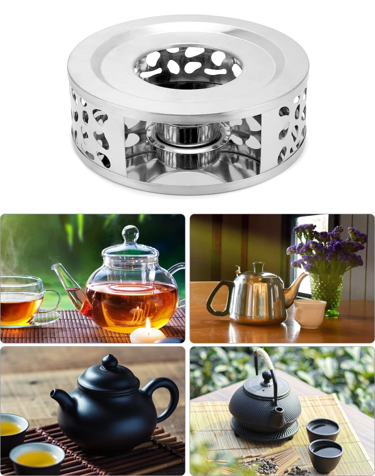 2pcs Stainless Steel Teapot Warmer, Tea Warmer for Teapot, Silver Color  hot tea stove, hot coffee stove, and tea warmer base