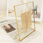 Golden floating photo frame, glass photo frame decoration, desktop stand with tilted bracket, used for pictures, floral art, souvenirs, home office wedding decoration（15*20*5.8cm）