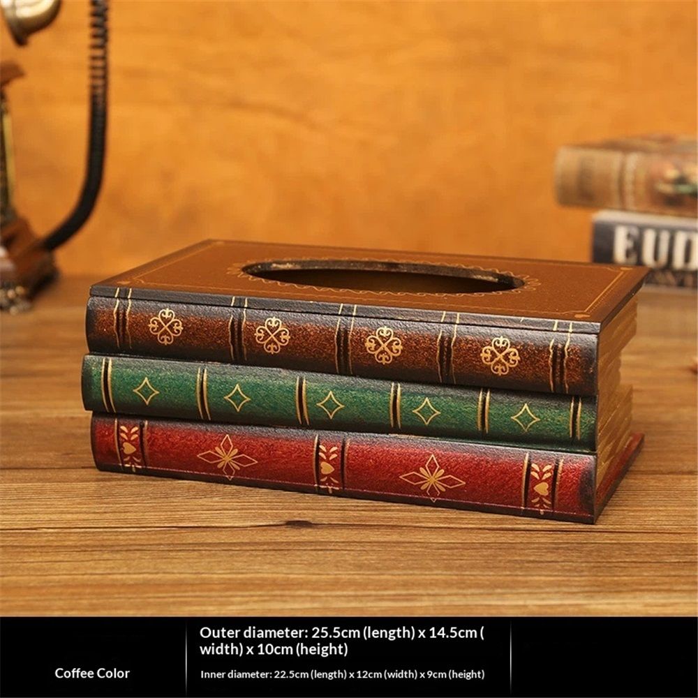 Crafted Classical Retro Wooden Antique Book Tissue Box Cover Rectangular Tissue Holder Dispenser Paper Cover Case Napkin Holder Home Decor for Bathroom Living Room Office car Kitchen