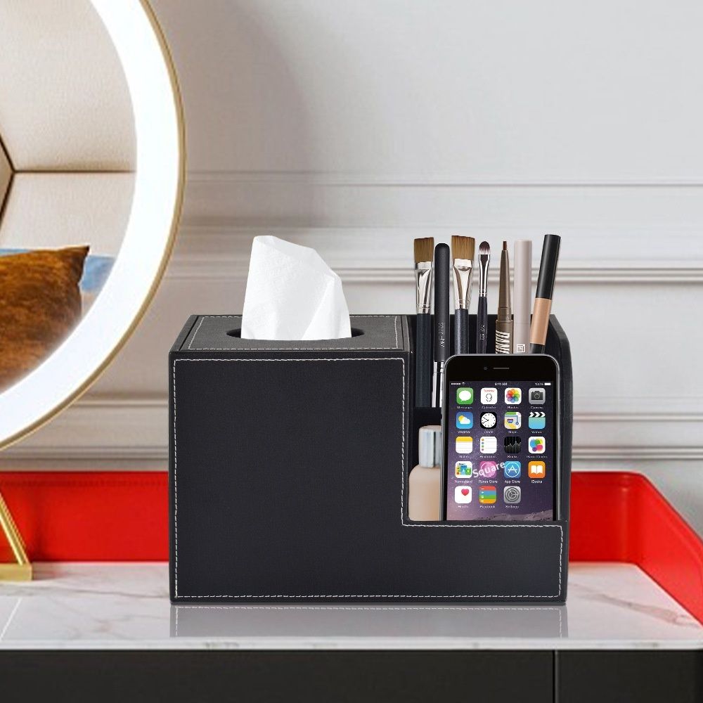 PU Leather Tissue Box Cover with Remote Control Holder, Square Tissue Box Holder for Living Room Bathroom Office (black,only box)