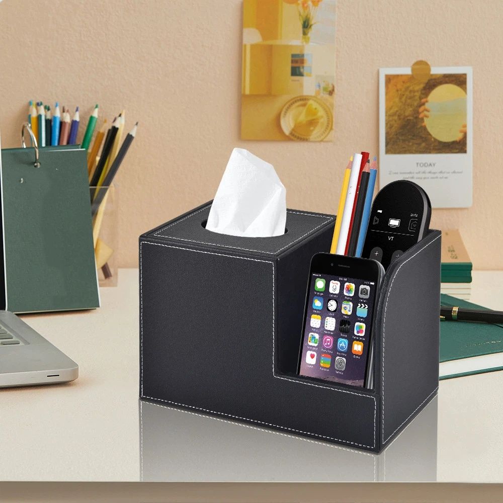PU Leather Tissue Box Cover with Remote Control Holder, Square Tissue Box Holder for Living Room Bathroom Office (black,only box)
