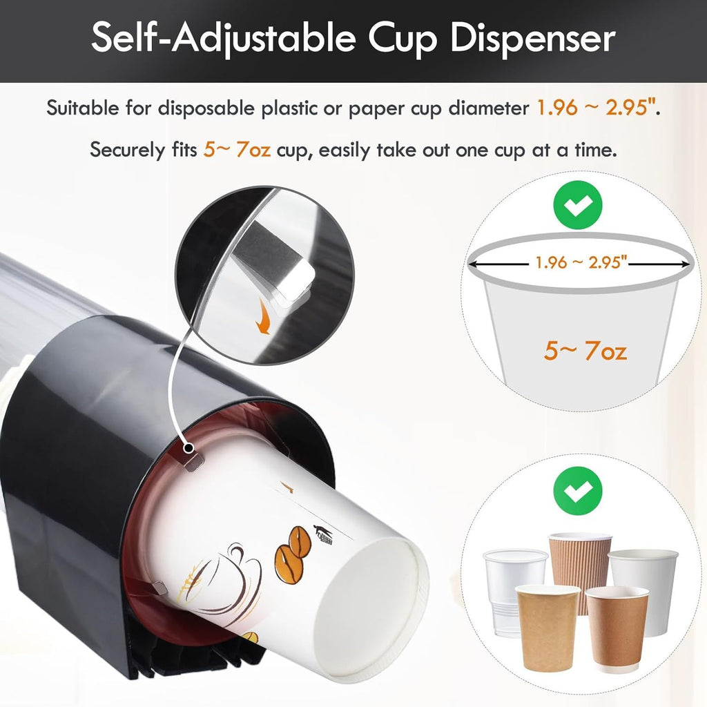 Cup Dispenser, Water Cooler Pull Type Cup Holder Fits 5oz - 7oz Cone or Flat Bottom Cups,14" Tube Length Black