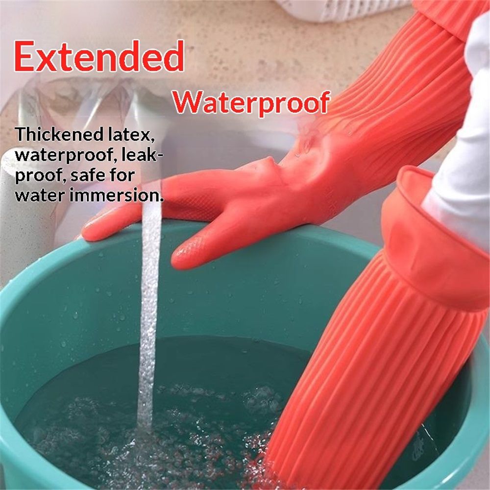 Rubber Dishwashing Cleaning Gloves (2-Pair) - Reusable, Waterproof with Extra-Long Cuff & Anti-Slip Design for Household & Kitchen Use - Large