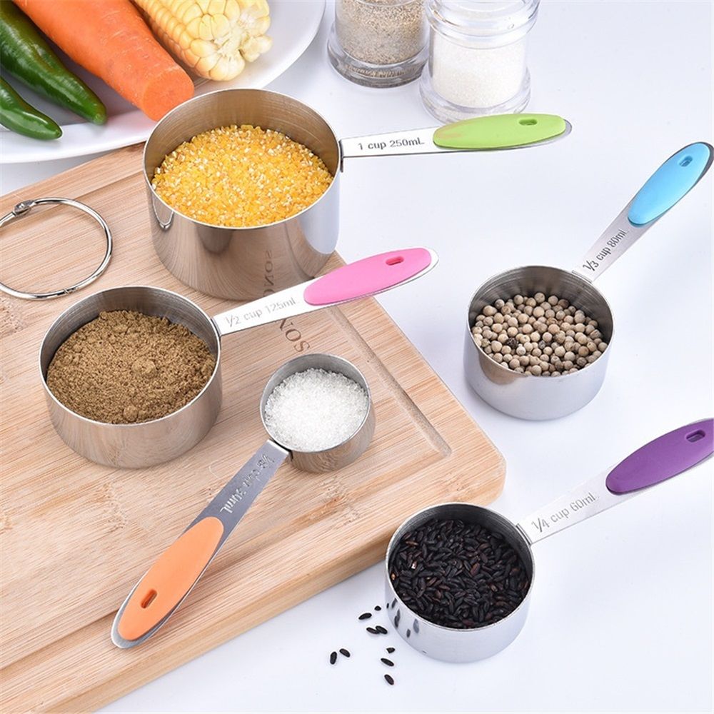 Stainless Steel Measuring Cups Set of 5 – Nesting Measuring Cups for Kitchen – Dry & Liquid Measurements, Dishwasher Safe, Ergonomic Design with Colored Handles