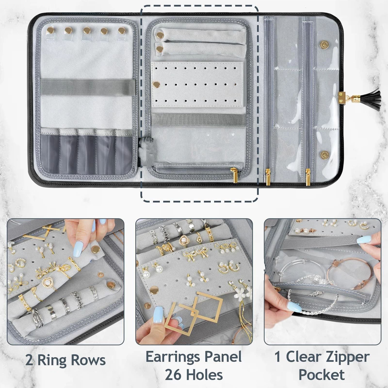Black Jewelry Organizer, Vegan Leather Big Jewelry Travel Rolls with Clear Pockets, Tangle-Free Necklace Holder for Daily Jewels Earrings Rings Bracelets, Great Gifts for Women（excluding jewelry）
