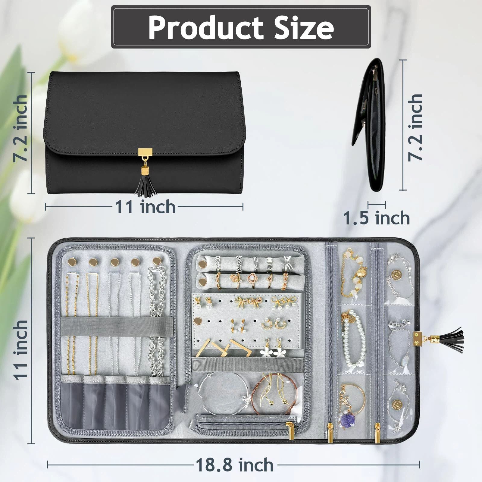 Black Jewelry Organizer, Vegan Leather Big Jewelry Travel Rolls with Clear Pockets, Tangle-Free Necklace Holder for Daily Jewels Earrings Rings Bracelets, Great Gifts for Women（excluding jewelry）