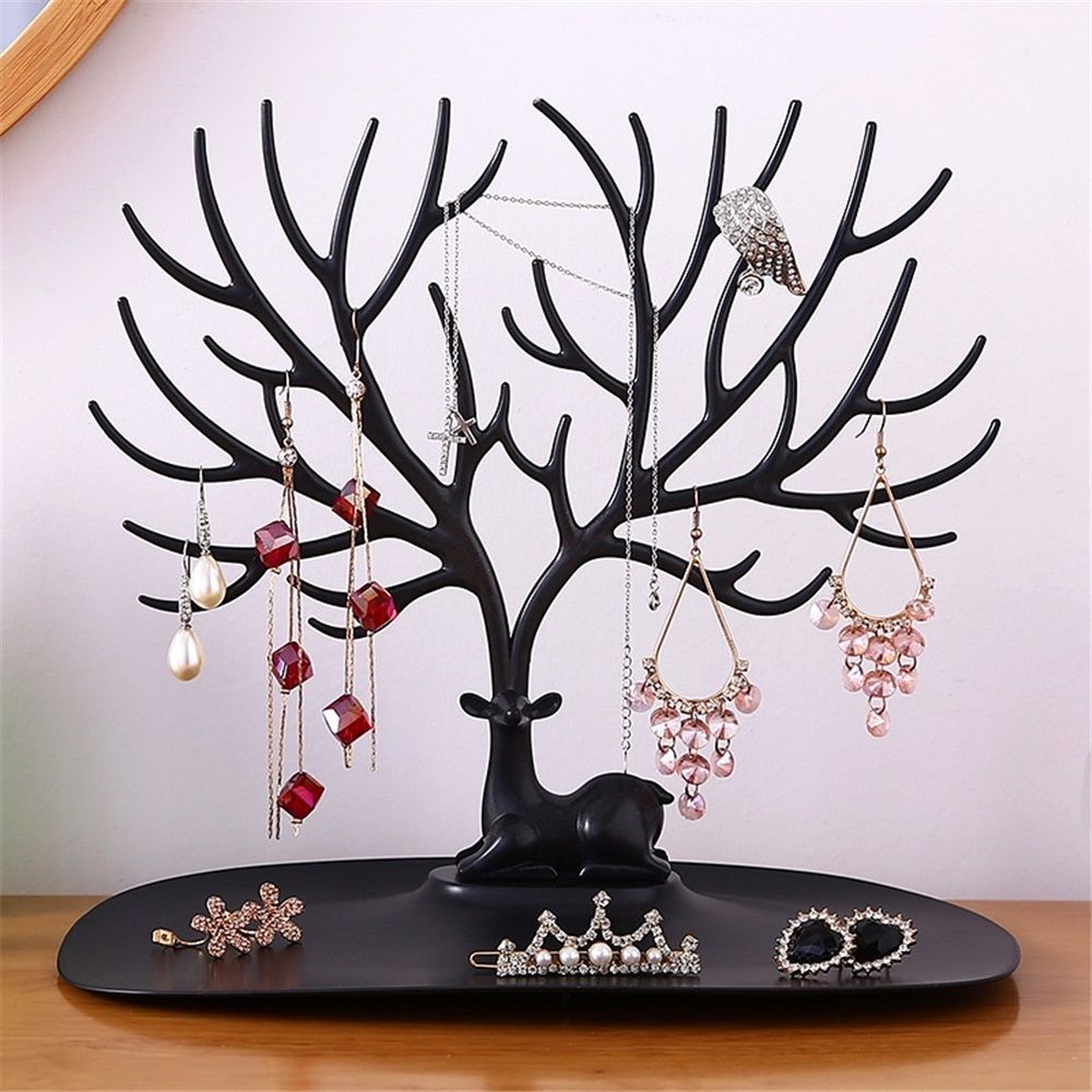 2 pack Little Deer Earrings Necklace Pendant Bracelet Jewelry Display Stand Tray Tree Storage Racks Organizer Holder, Black（Only jewelry rack）
