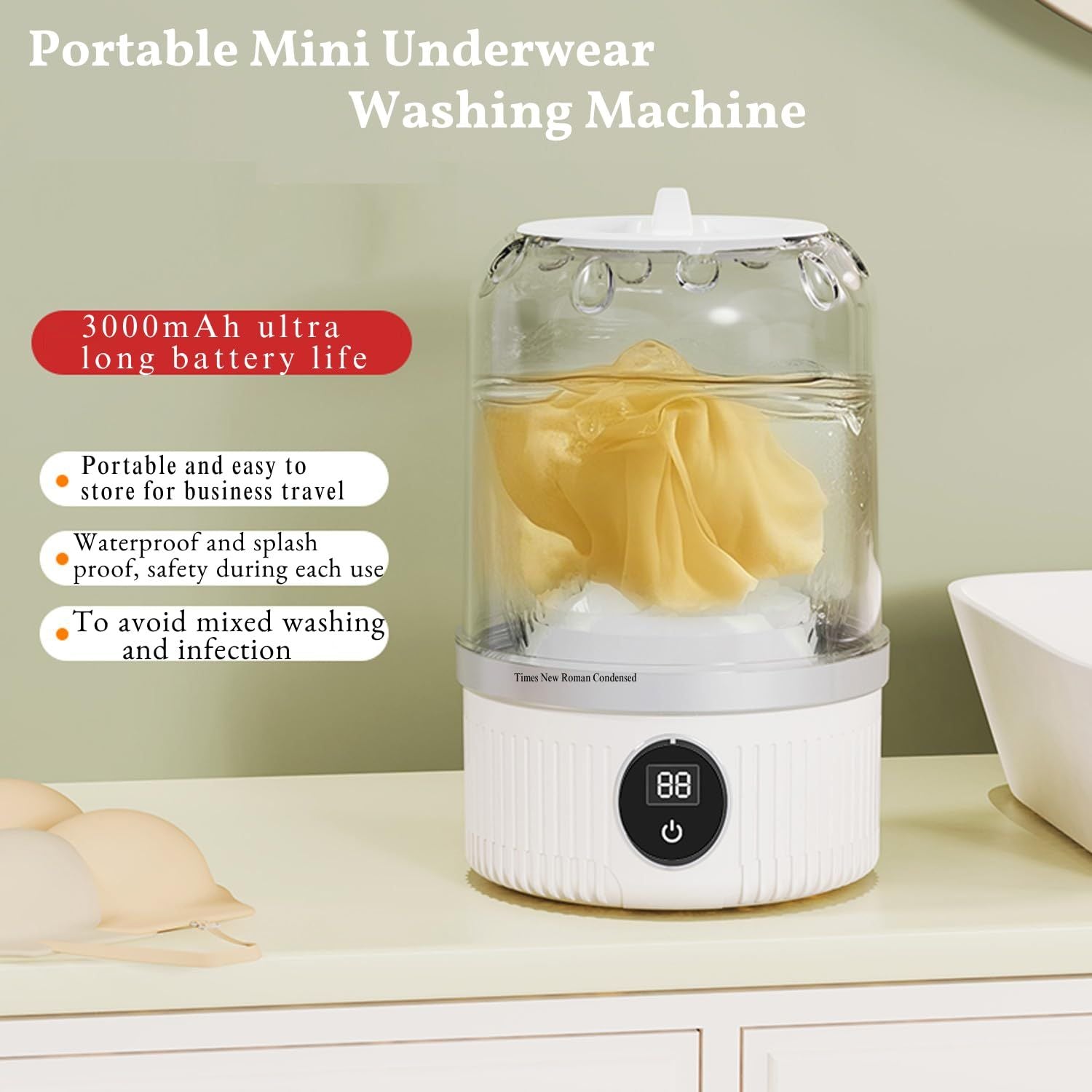 White portable mini washing machine, suitable for underwear, socks, baby clothes - rechargeable cordless compact washing machine, suitable for small loads, travel and dormitory use - USB rechargeable home/apartment washing machine