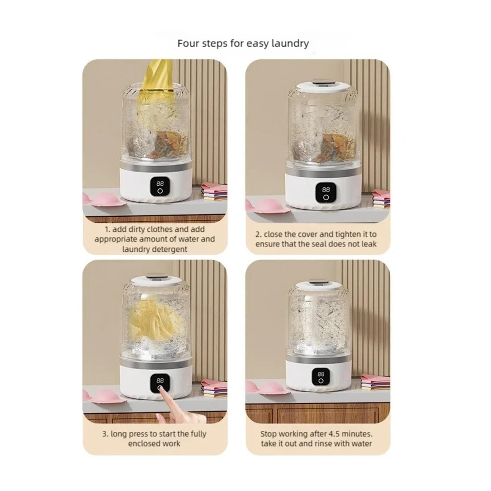 Pink portable mini washing machine, suitable for underwear, socks, baby clothes - rechargeable cordless compact washing machine, suitable for small loads, travel and dormitory use - USB rechargeable home/apartment washing machine