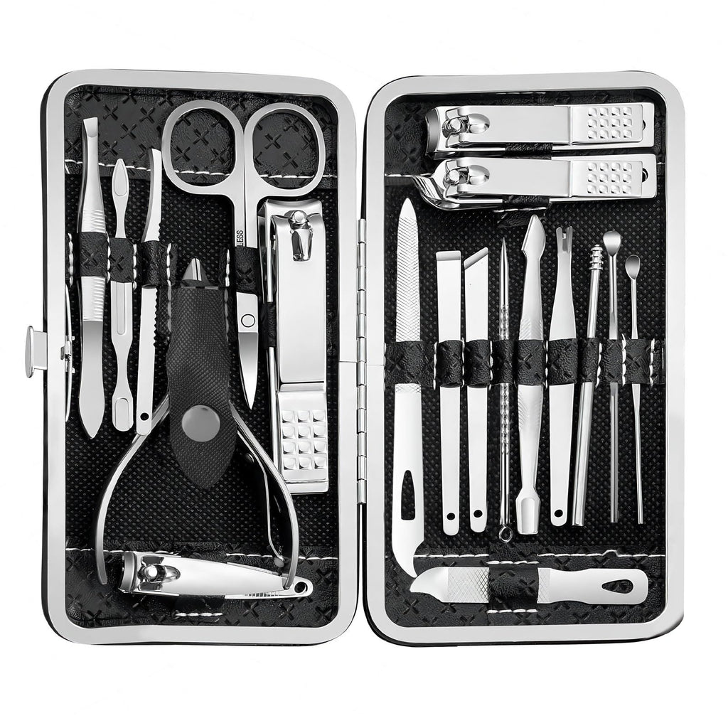 19 piece black nail care set stainless steel beauty set with plant printing bag, including scissors, tweezers, nail files